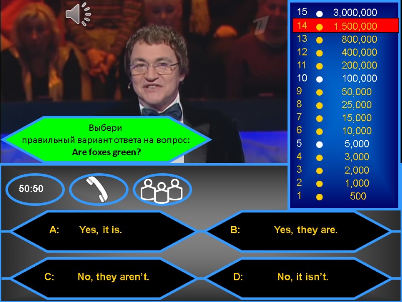 Выбери  правильный вариант ответа на вопрос:  Are foxes green?